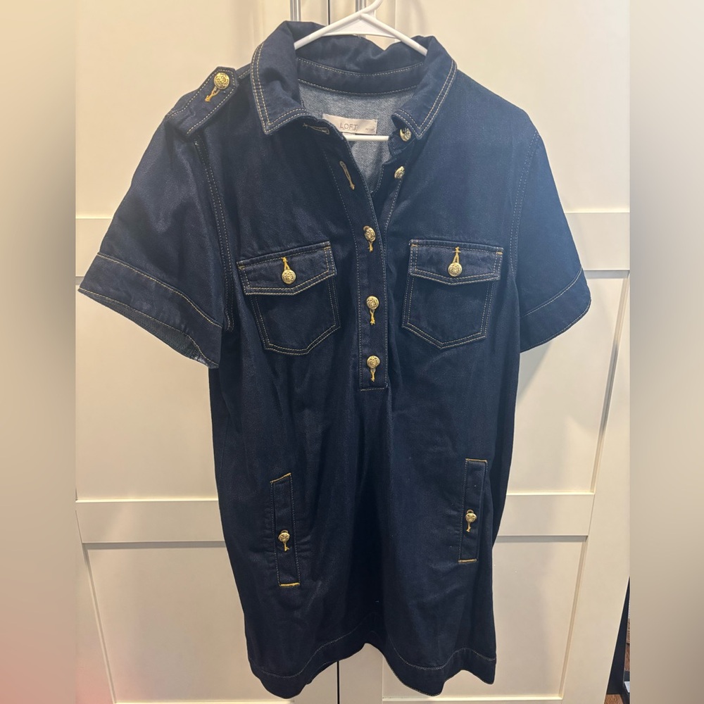LOFT Dark Blue Denim Dress with Gold Accents